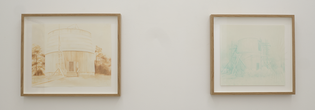 Therese Enström, Left: Mars Hill, water color and rust o paper, 47x57 cm. right: PL, ink on paper, 46x49 cm